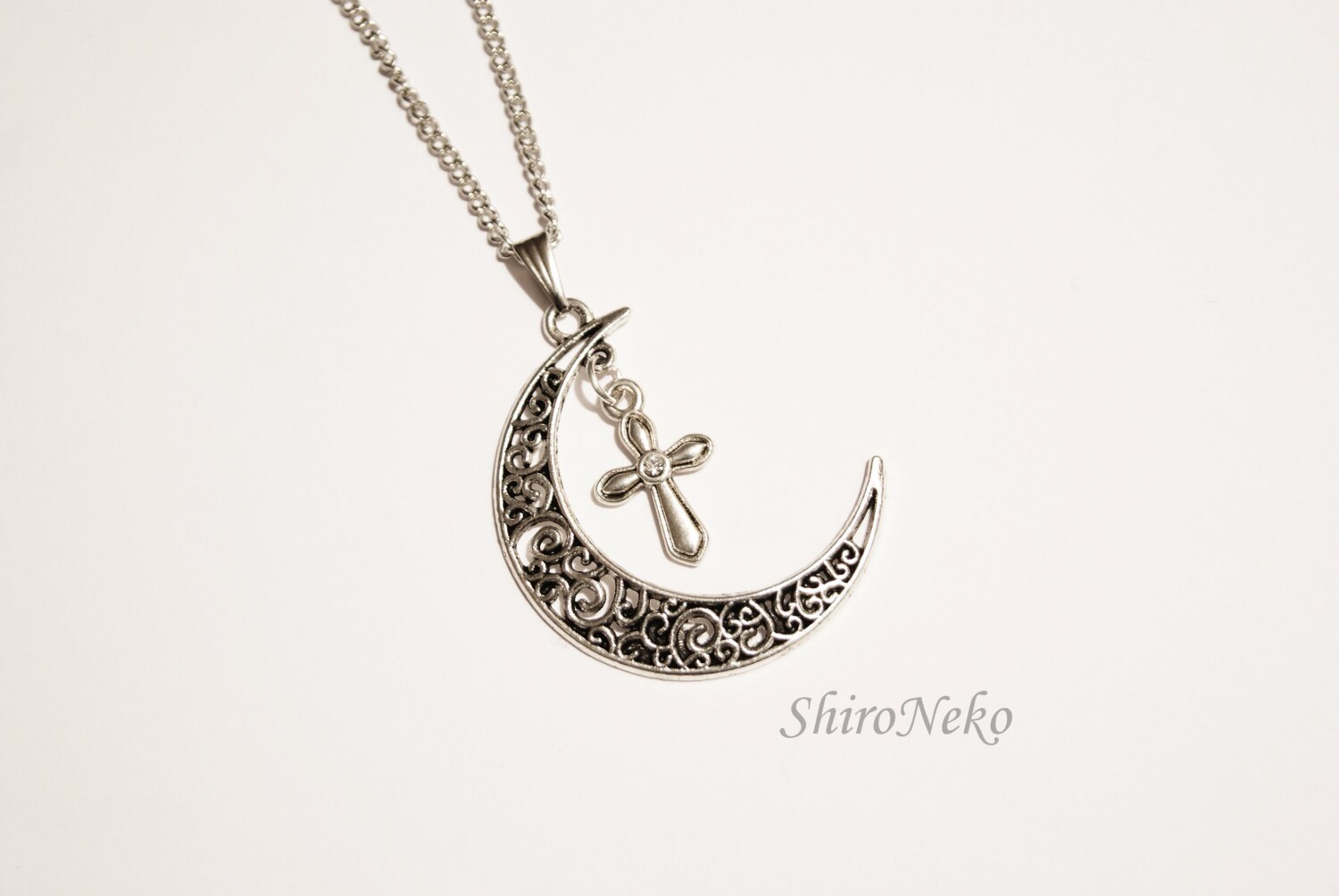 Crescent Moon Cross necklace pendant charm by ShiroNekoJewelry
