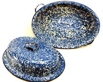 Enamel Roaster Pan Blue & White Enamelware Vintage Farmhouse Kitchen
