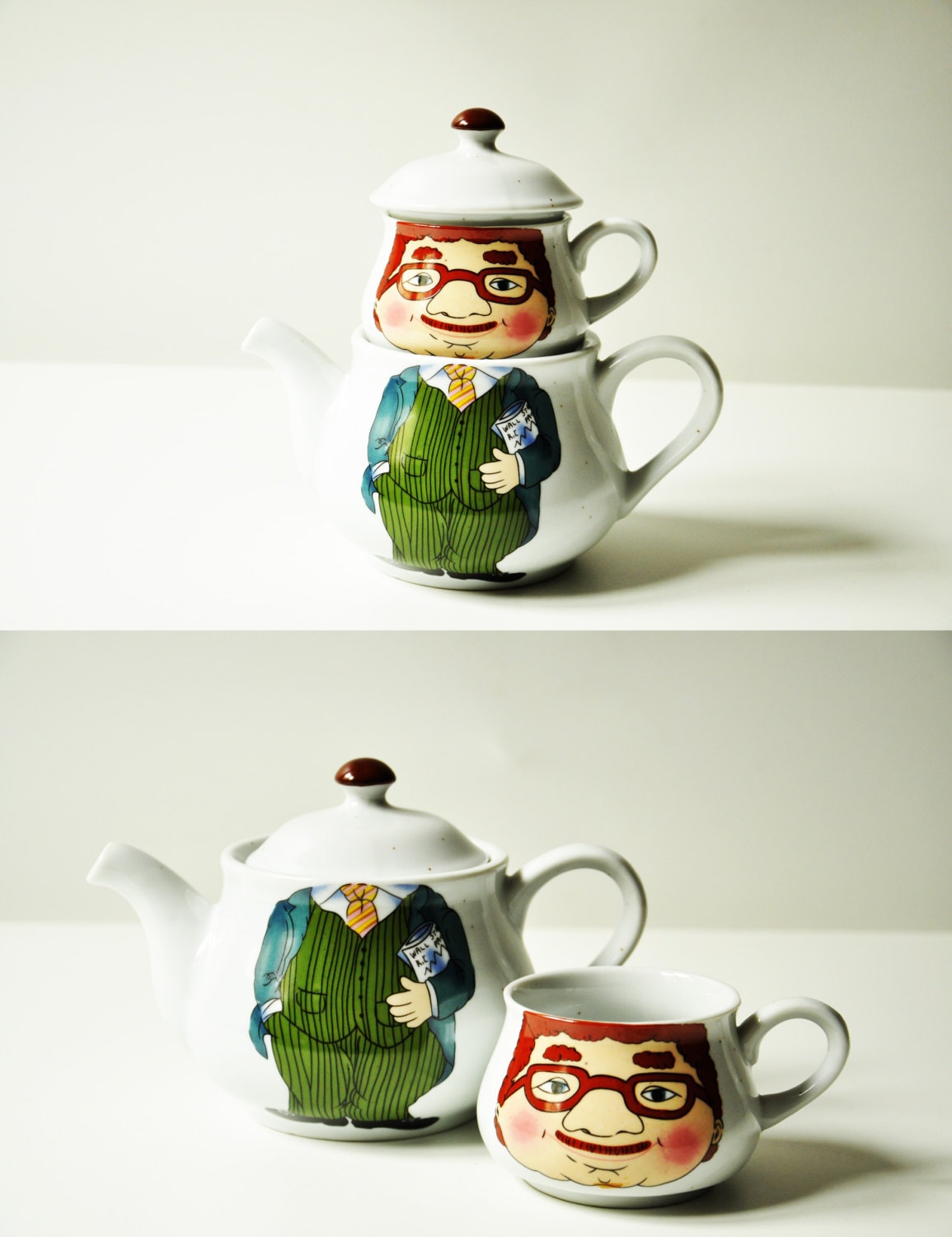 Vintage Tea For One Funny Set Teapot & Cup Cartoon Wall Street