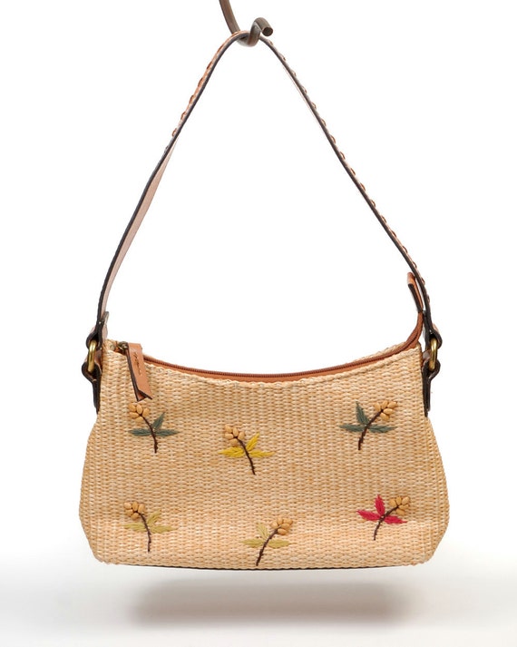 Fossil Woven Straw Handbag Purse Leather Strap Embroidered Bead ...