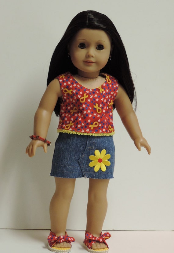 American Girl doll clothes denim skirt reversible top