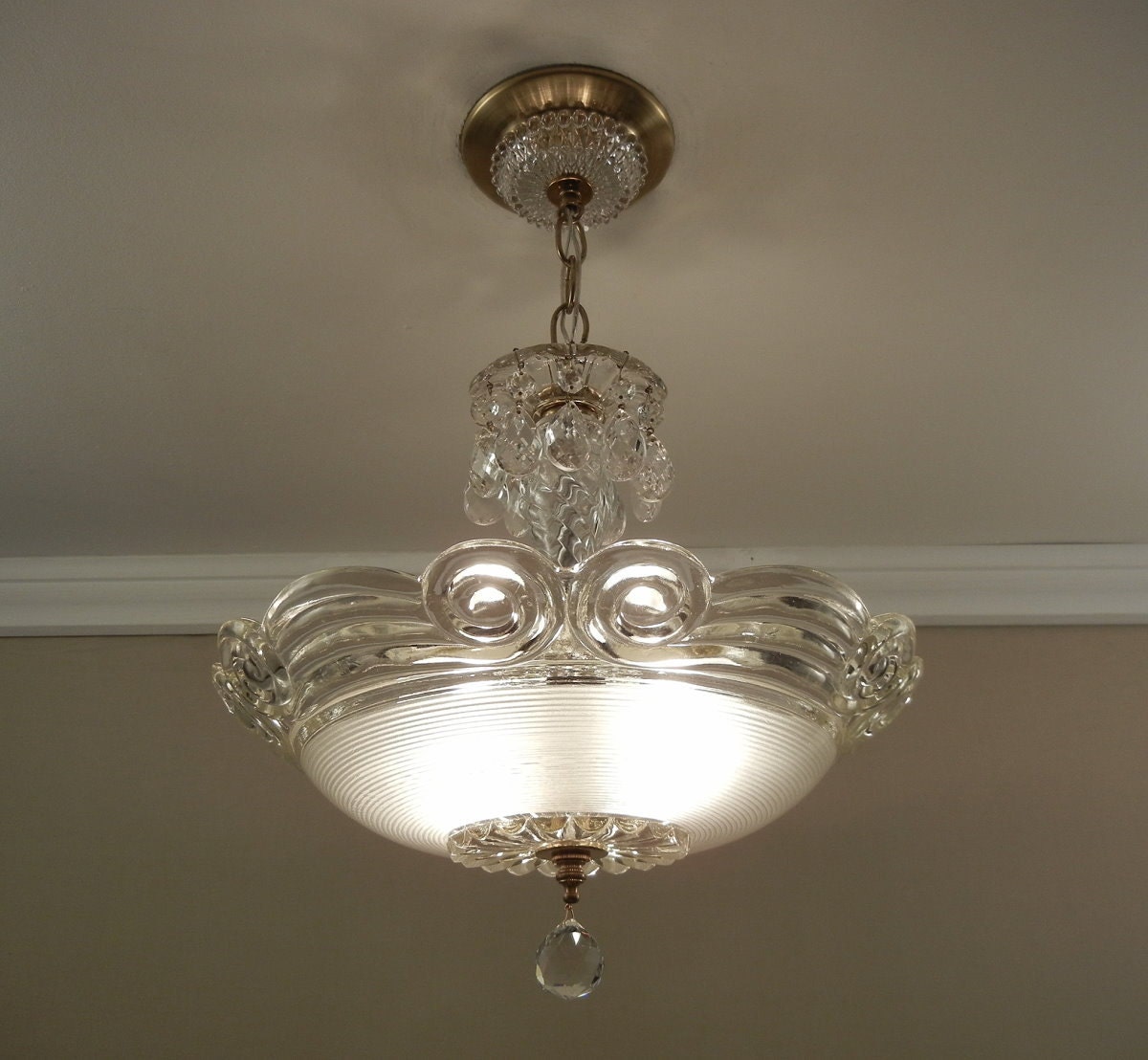 Antique Chandelier 1930's Vintage Art Deco Frosted & Clear