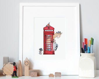 British Telephone, UNFRAMED Iconic Nursery Art, Fine Art Print, for Children's room, Red Phone Box, London Theme, Nursery wall art