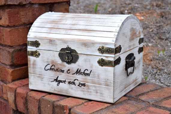 Lockable White Distressed Large Rustic Wooden Card Box - Rustic Wedding Card Box - Shabby Chic Wedding Card Box - Treasure Chest by CountryBarnBabe