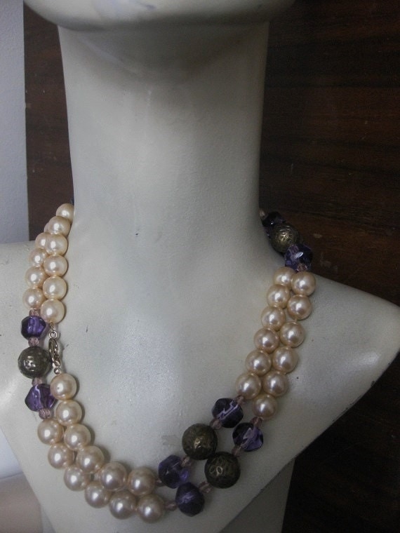 Vintage Roaring 20s Style Necklace Faux Pearls and Amethyst