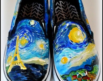 Womens Van Gogh Shoes, Custom Starry Night Shoes, Painted Eiffel Tower, Starry Night, Van Gogh Theme Shoes, Gifts for Women