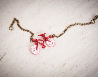Bracelet with wire bicycle, bronzed chain bracelet with red bike made of wire and buttons, friendship bracelets, gift ideas for sport lovers