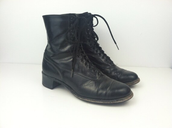 30s Black Leather Ankle Boots / 1930s Vintage Lace Up Roper