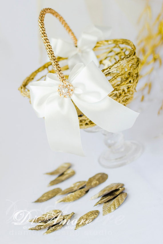 Flower girl basket white and gold wedding basket bridal