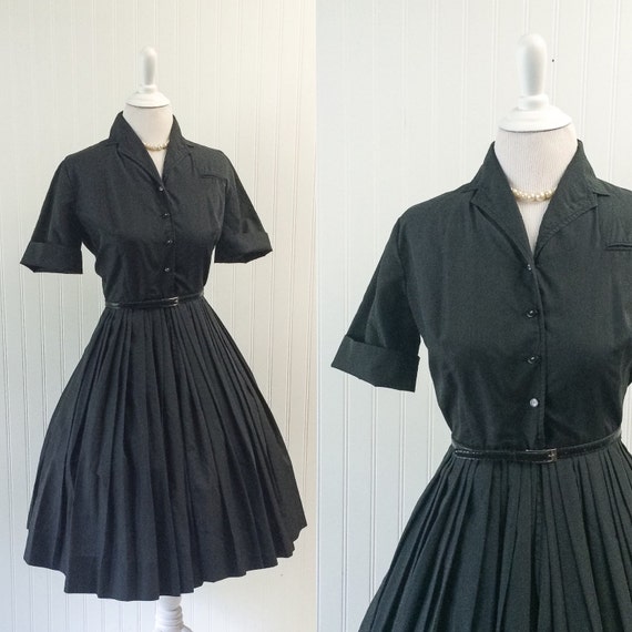 1950s vintage black polished cotton dress full by MemoryThought