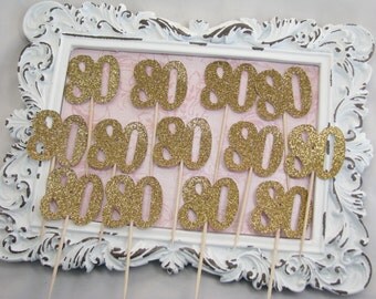 80th Birthday Cupcake Toppers, Number Birthday Party Favors, Party Picks, Party Decorations, Silver Glitter, Anniversary, Cake - Set of 15
