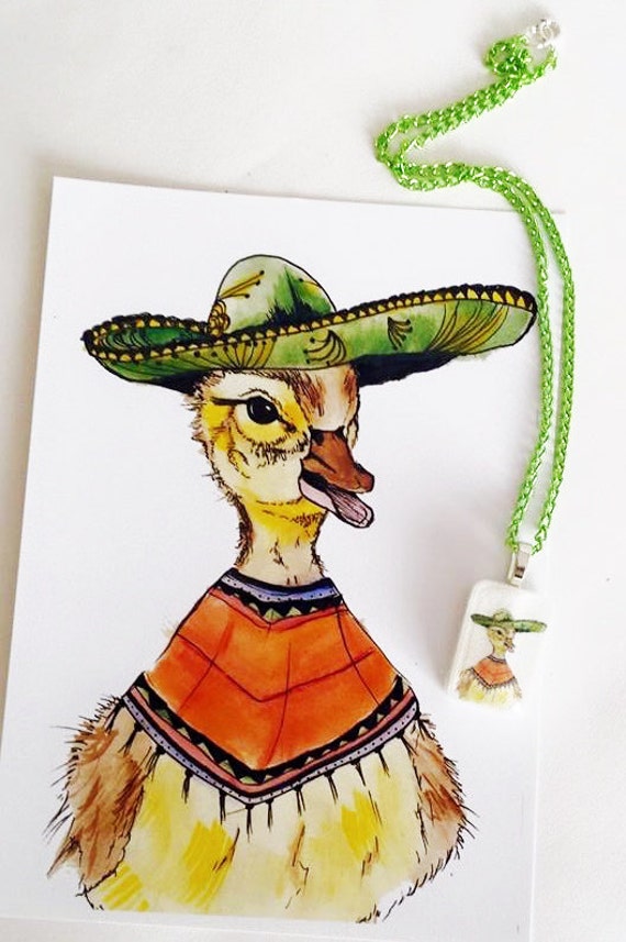 Aquarelle &amp; plume de canard avec chapeau mexicain et Illustration Print Poncho et Matching rsine collier sur chane vert