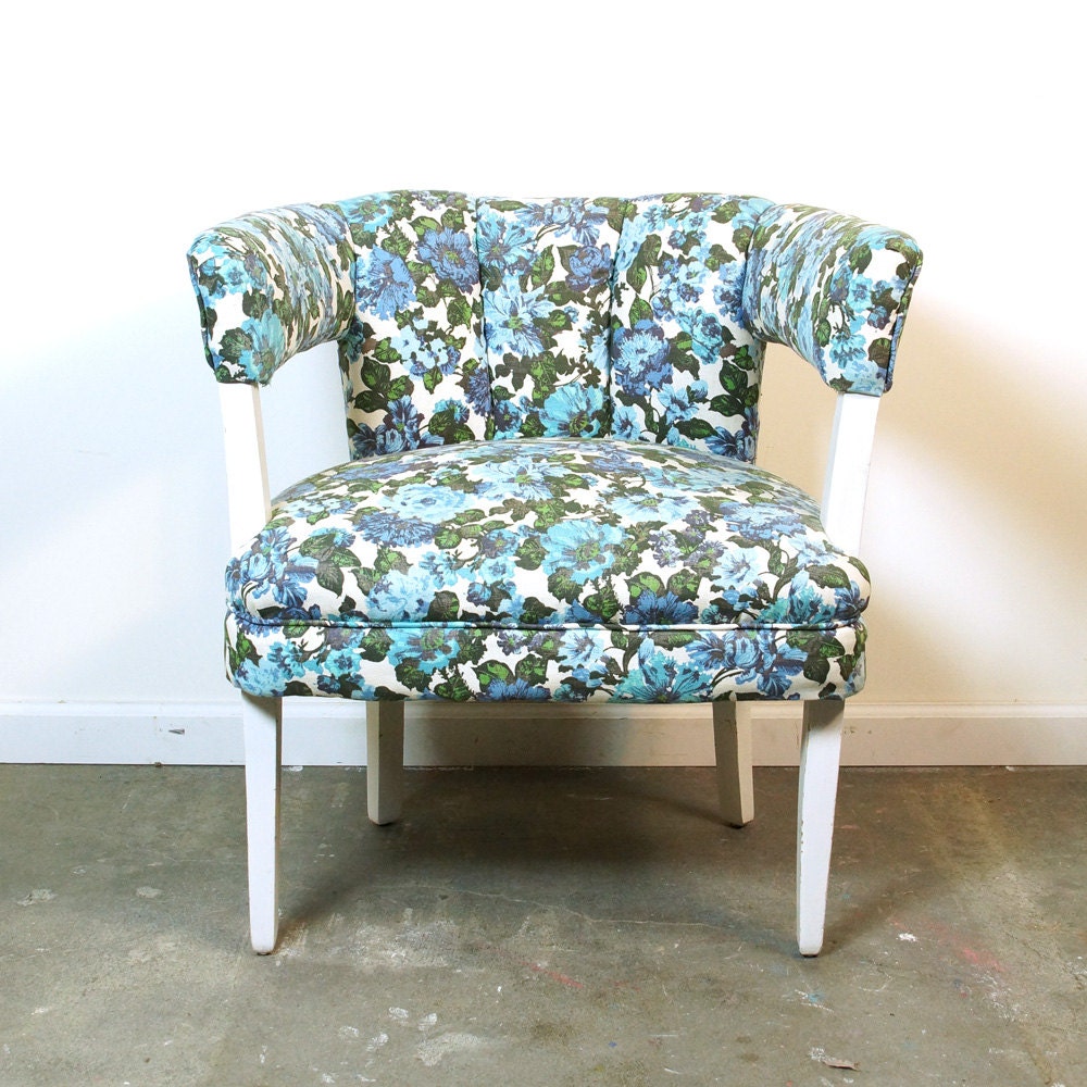 Floral Linen Mid Century Barrel Chair / Vintage 1960s Channel Back