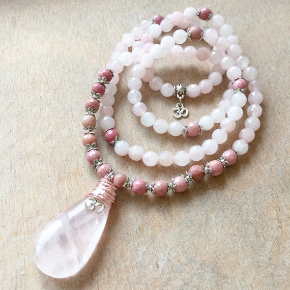 108 Mala Beads Pink Rose Quartz Rhodonite Crystal Japa Mala