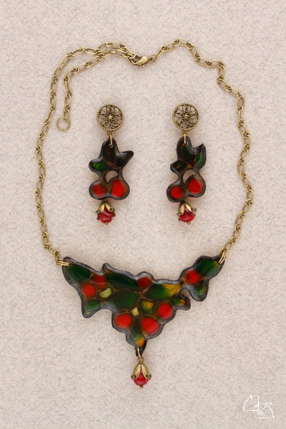 Cherry stained. Bright Jewelry Set. Summer berry necklace and cherry long earrings. Jewelry resin. Cool gift for her