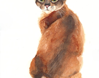Original watercolor cat abissinian ~10x14"