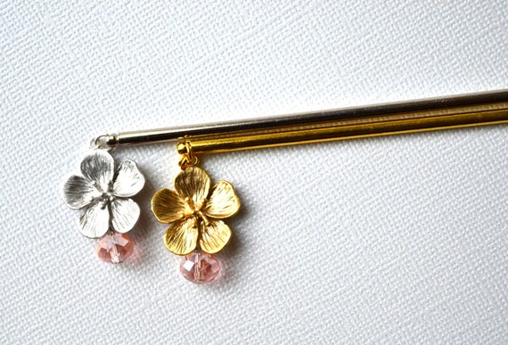 Pink Sakura Flower Cherry Blossom Hair Stick Pair with Pink Glass Gold Silver