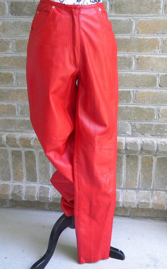 red high waisted leather pants