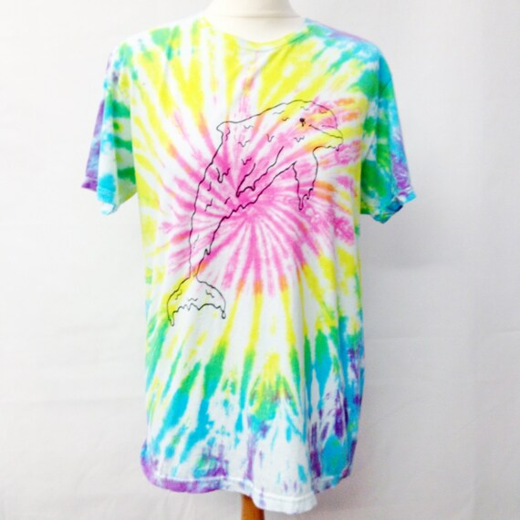 90s Tie Dye Tshirt Rainbow Spiral Dolphin Beach by TheGrungeMonkey