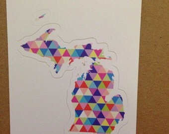 Vinyl Sticker - Michigan - Colorful Hipster Geometric Triangles - Laptop Sticker - Bumper sticker - Stocking stuffers