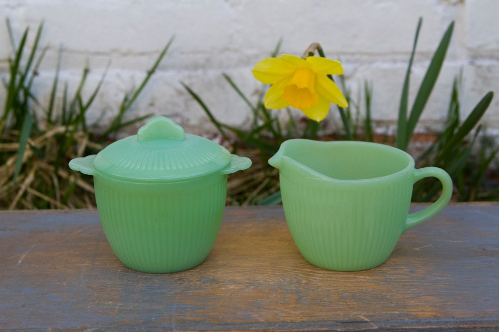 Fire King Jadeite Jane Ray Sugar Bowl and Creamer Set