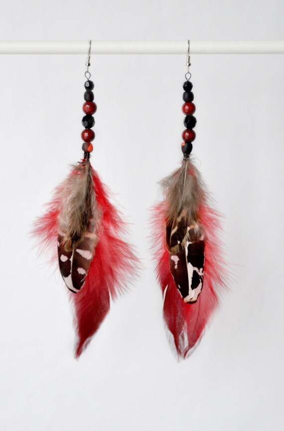 Red feather earrings long feather earrings boho earrings