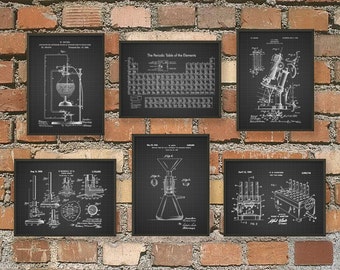 Science Patent Prints Set of 6 - Chemistry Wall Art - Periodic Table Microscope Laboratory Equipment Poster Set Of 6 - Chemist Gift Idea