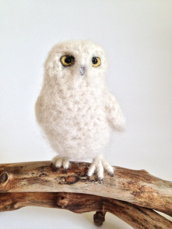 Snowy owl miniature crochet bird sculpture by FreshlyKnittedThings