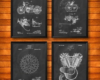 SET Of 4 Harley Davidson Motorcycle Vintage Art Patent Illustration Print Poster Wall SET Of 4 Harley Davidson Motorcycle Vintage Art Patent Illustration Print Poster Wall