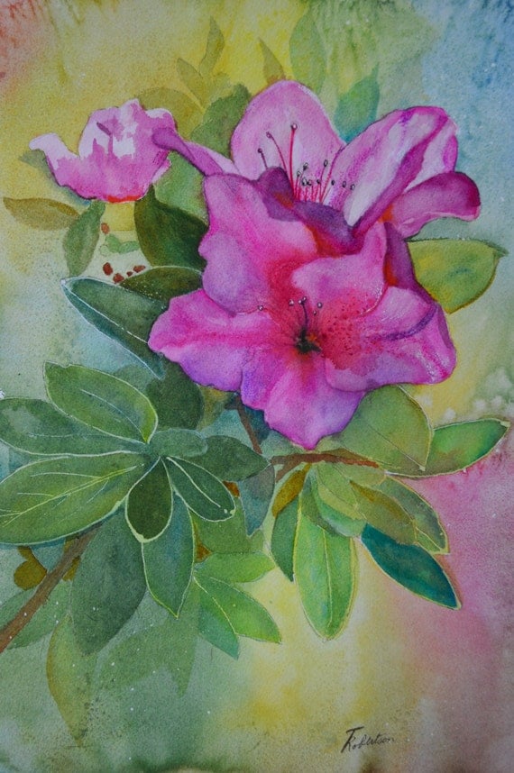 Pink Azaleas original floral art watercolor by TerriRobertsonArt