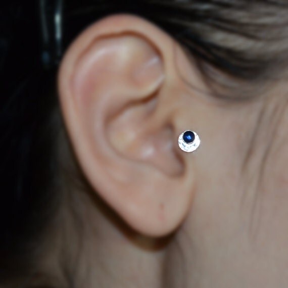 Silver Tragus Stud 3mm Sapphire - Nose Stud - Tragus Piercing - 16g Cartilage Hoop Earring - Forward Helix Earring - Tragus Earring