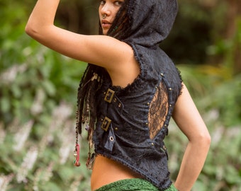 Maya Vest (Black) - Boho Gypsy Hoodie Festival Tribal Hippie Big Hood Lace