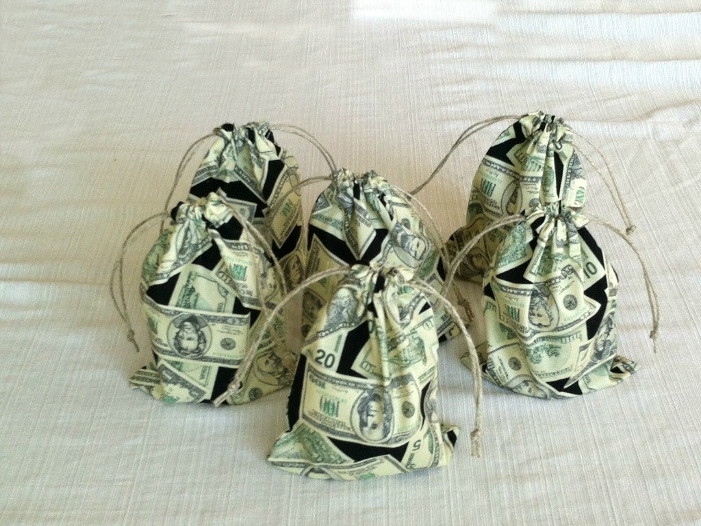 6 Money Bags Party Favor Bags 5 x 7 Drawstring by DarBieStitches
