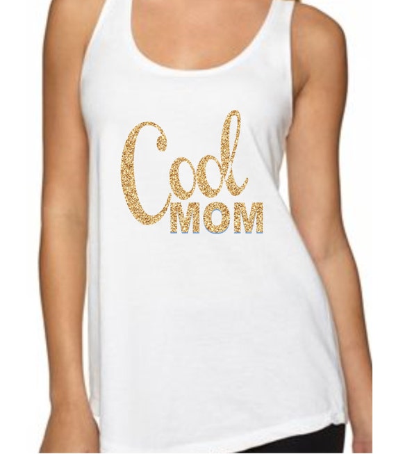 cool mom gold glitter tank top