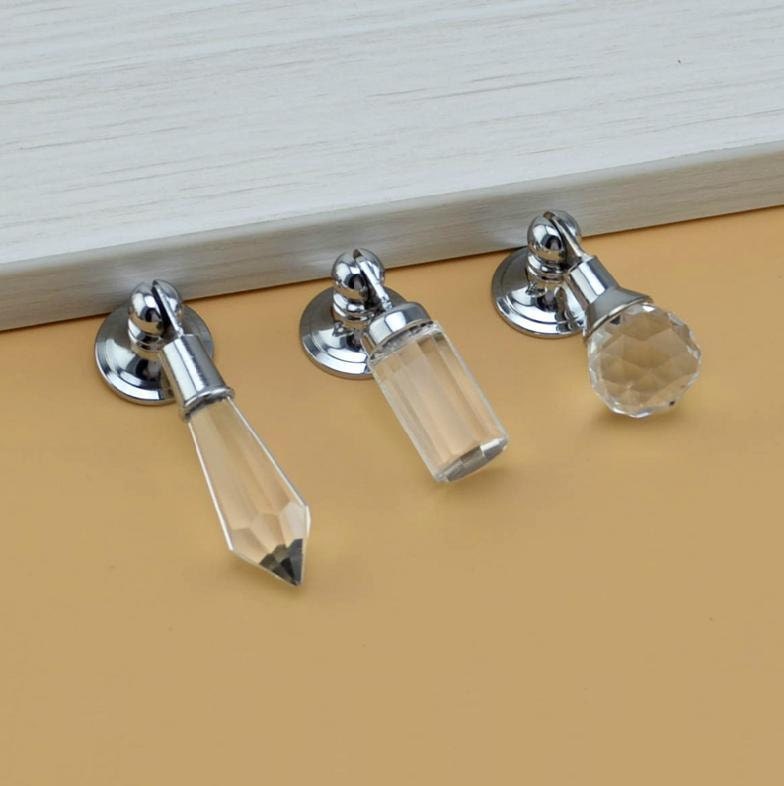 Crystal Glass Knobs / Dresser Knob Clear Drop Pull / Drawer