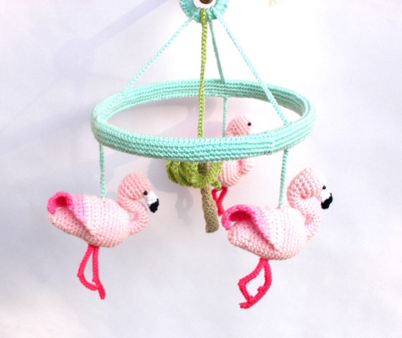 Pink Flamingo Baby Mobile, Baby Girl Nursery Mobile with Crochet Flamingos by Crochetonatree
