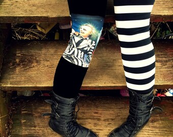 Black and white stripe split leg Beetlejuice Leggings pants lycra