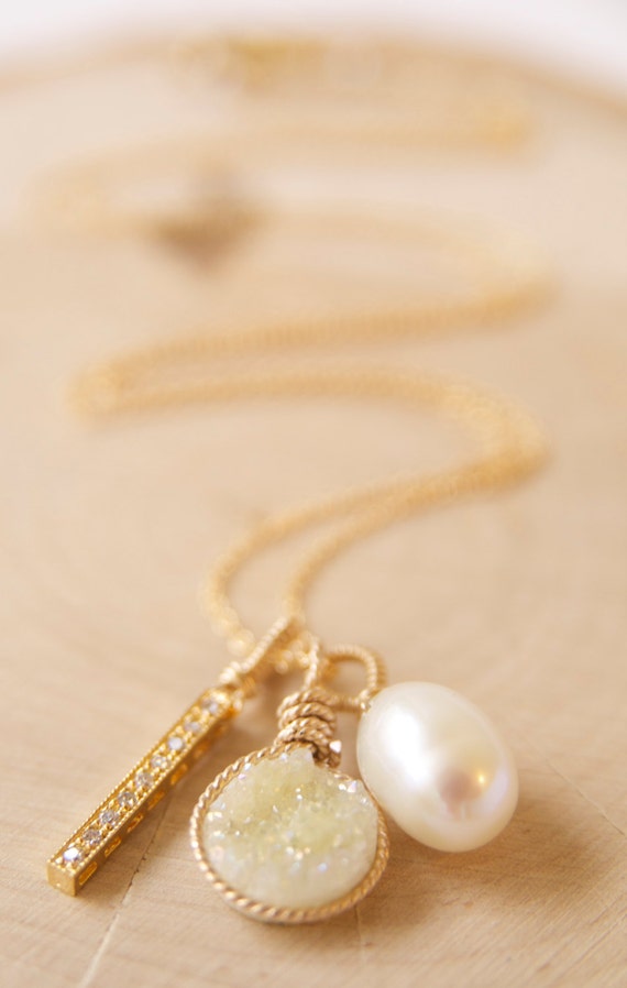 Lemon druzy and pearl charm necklace