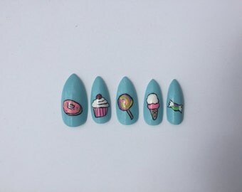 Dessert Nails, Donut Ice Cream Lollipop fake nails, set of 10 press on stiletto nails