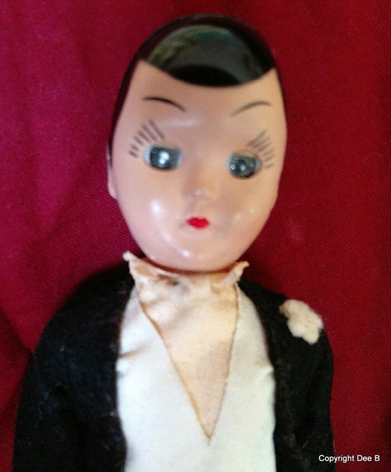 Groom Cake Topper Doll Sleep eyes celluloid 1940s tuxedo jacket tails striped pants fob chain - il_570xN.777443768_m6pa