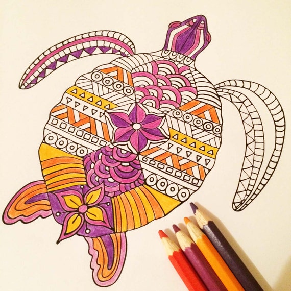 Printable Sea turtle zentangle digital colouring page