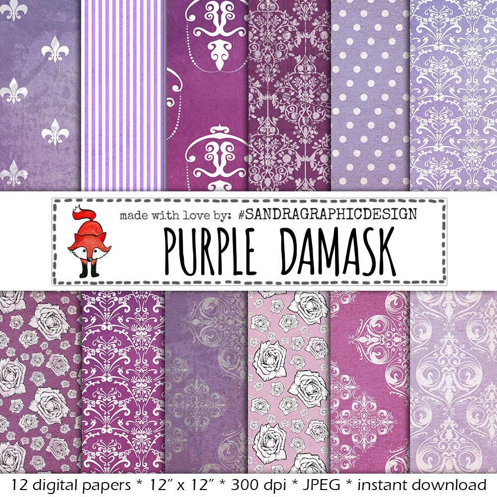 Damask digital paper “PURPLE PAPER” with various grungy damask