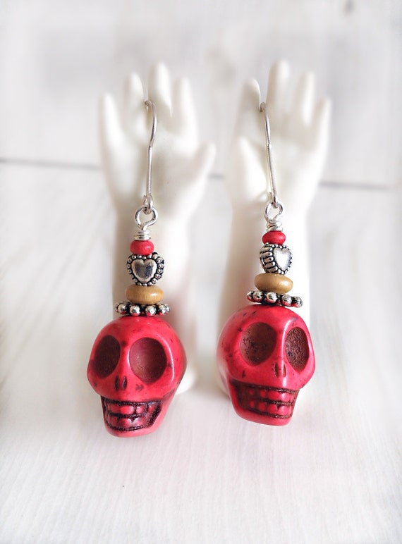 Red skull earrings sterling silver sugar skull day of the