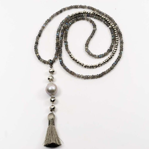 Labradorite and Pyrite Beaded Necklace Silver Pearl