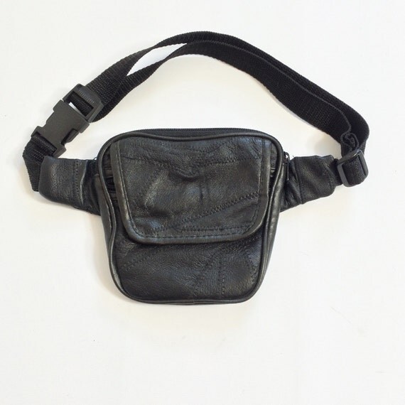 90s SLIM Leather Fanny Pack Black Leather Hip Bag Black Bum
