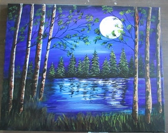 Moon Painting Full Moon Night Time Tree 16 x 20 Acrylic on