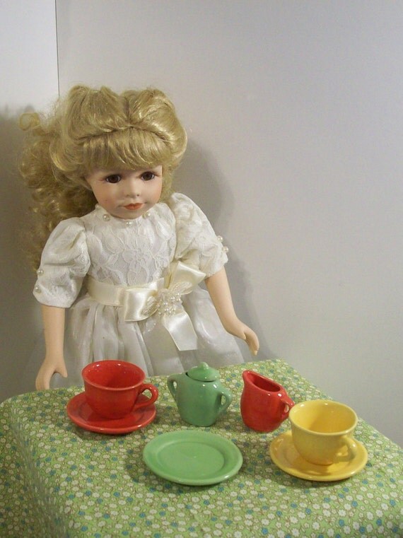 Miniature tea set/ doll teapot tea cups/ 18 doll by DollsDelight