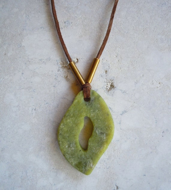 Green soapstone and leather pendant necklace