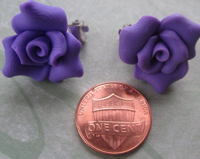 Purple rose earrings-Rose studs-Clip on earrings-Polymer Clay-mothers day jewelry-violet rose-clip on earrings for women-handmade-gifts for