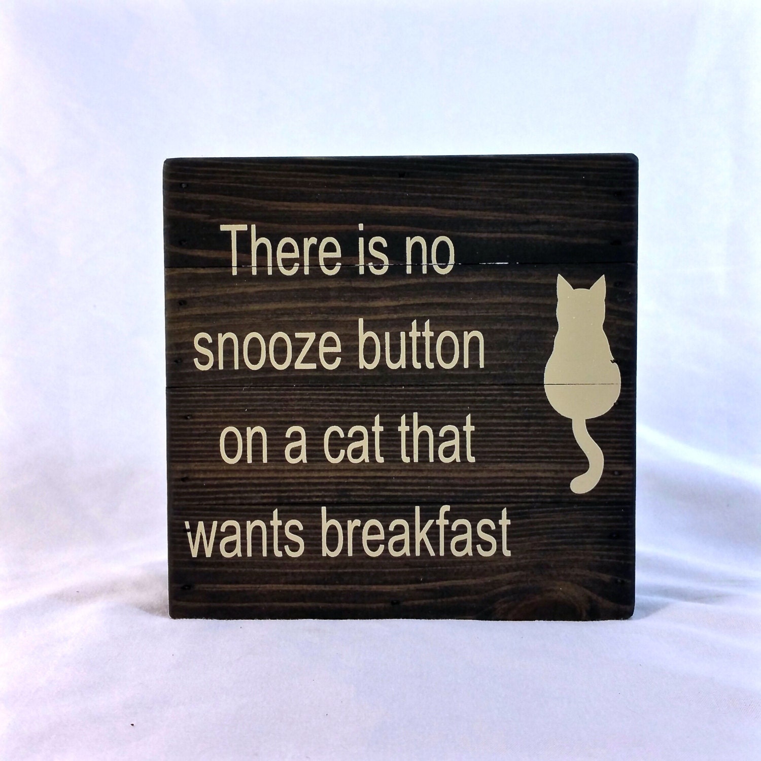 Wood sign saying There is no snooze button on a cat